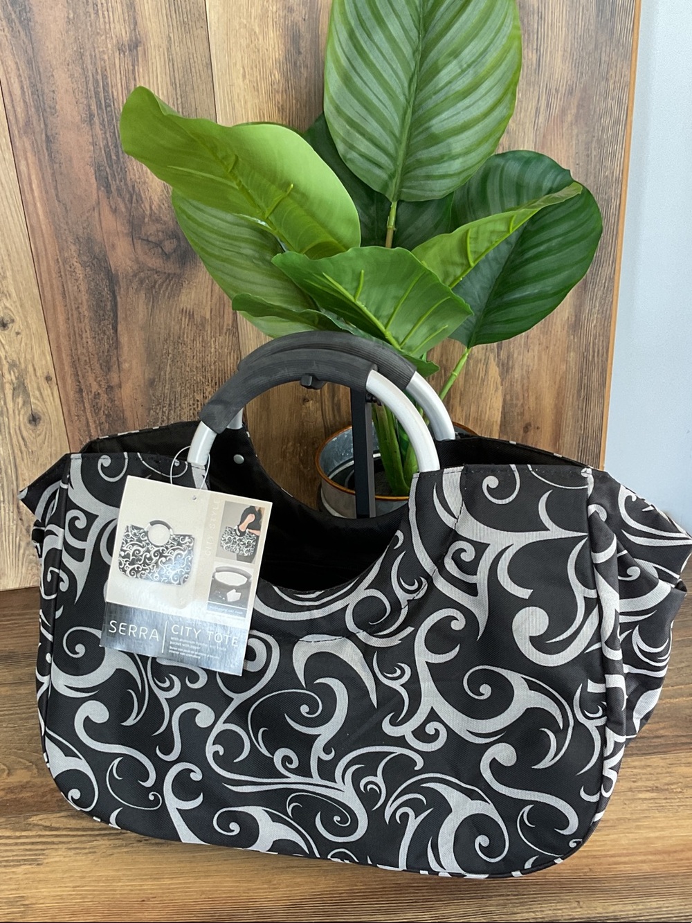 Serra Black & Silver Swirl Tote with Aluminum Handles